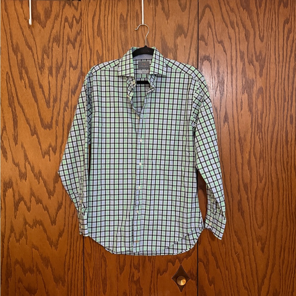 Thomas Dean Pima Cotton Shirt Mens Small Green Plaid Slim Fit Button Down